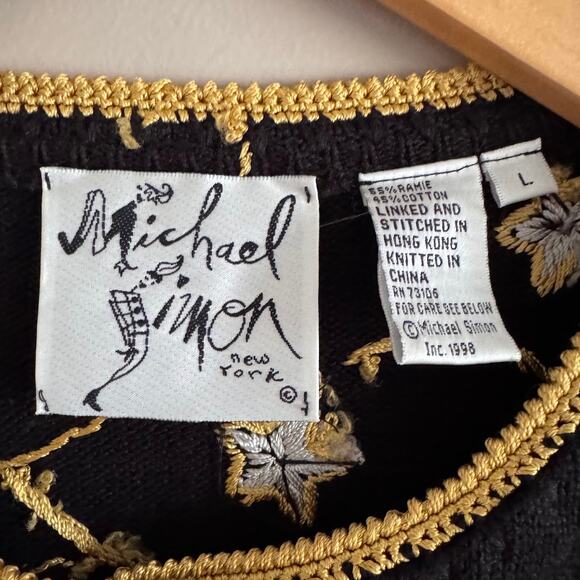 Michael Simon Vintage Black Gold Christmas Angel Beaded Cardigan Sweater Large - Picture 3 of 6